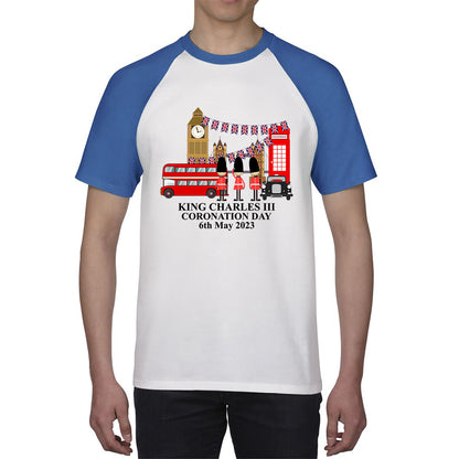 King Charles III Coronation Day 6th May 2023 Great Britain Big Ben Tower Telephone Booth And Red Bus London England Flag Baseball T Shirt