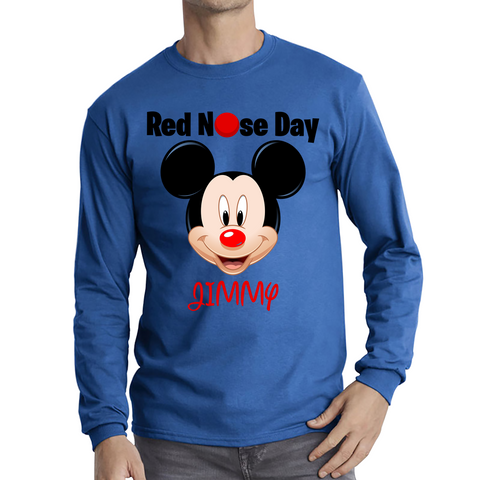 Personalised Mickey Mouse ( Name ) Red Nose Day Adult Long Sleeve T Shirt. 50% Goes To Charity