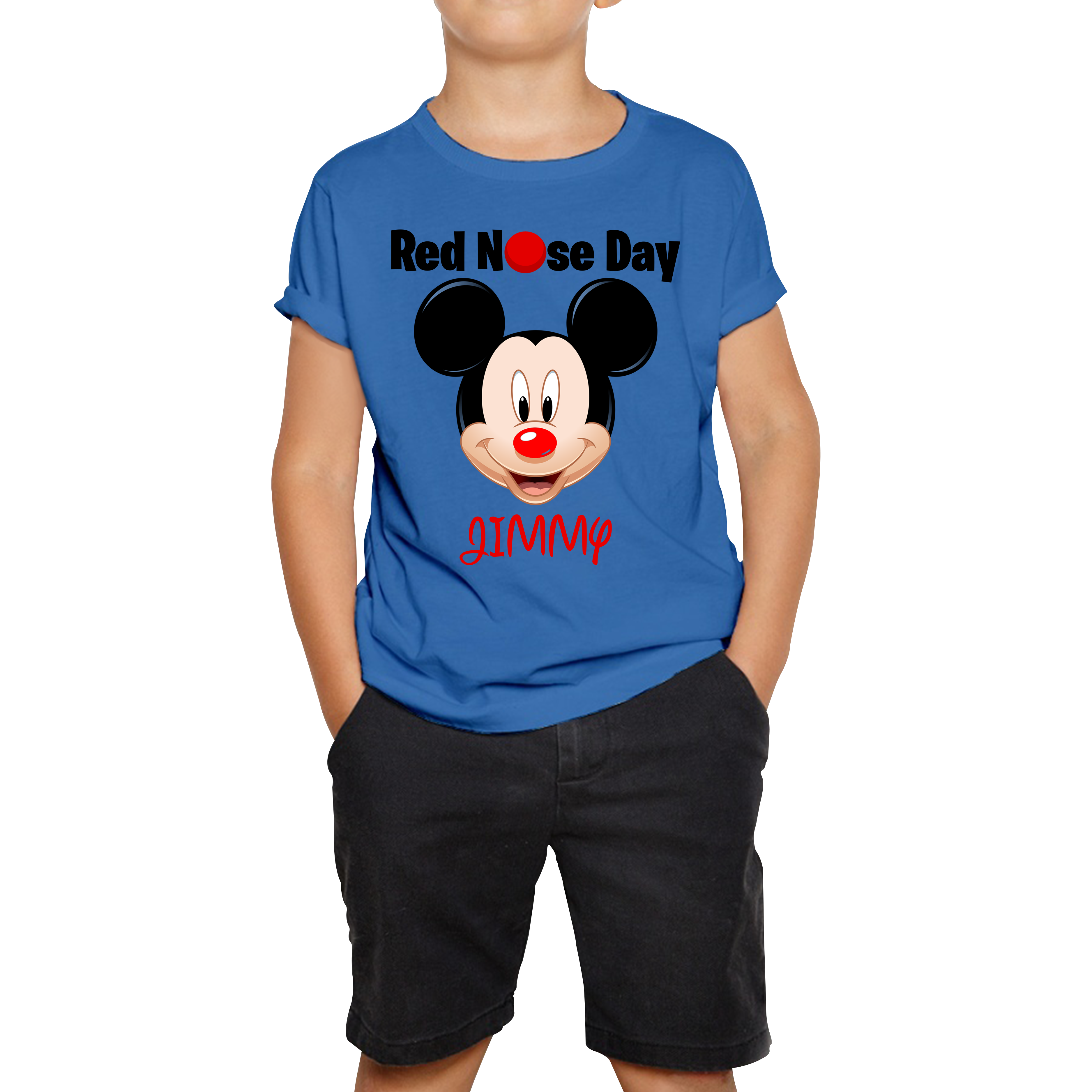 Personalised Mickey Mouse ( Name ) Red Nose Day Kids T Shirt. 50% Goes To Charity