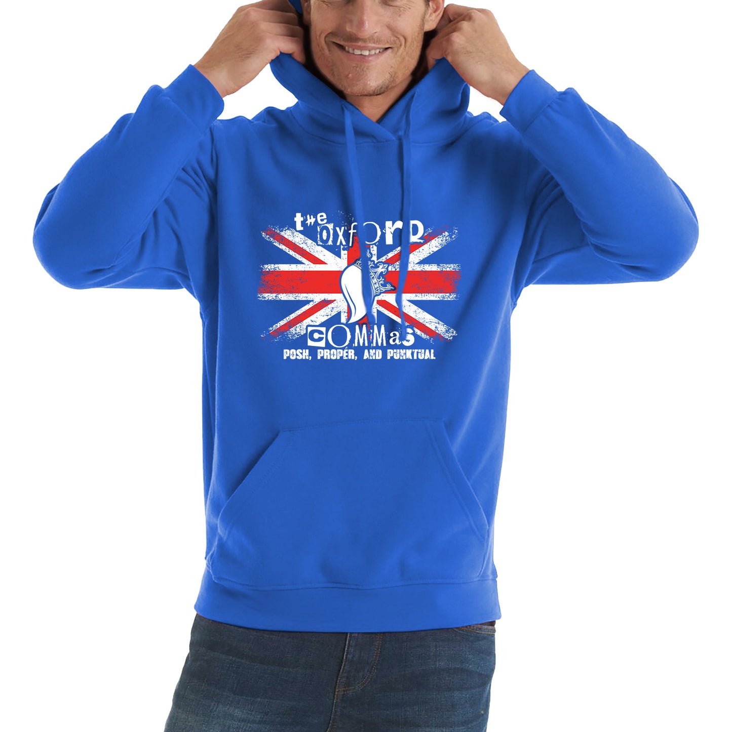The Oxford Commas Push, Proper and Punktual Funny Grammar UK Flag Unisex Hoodie