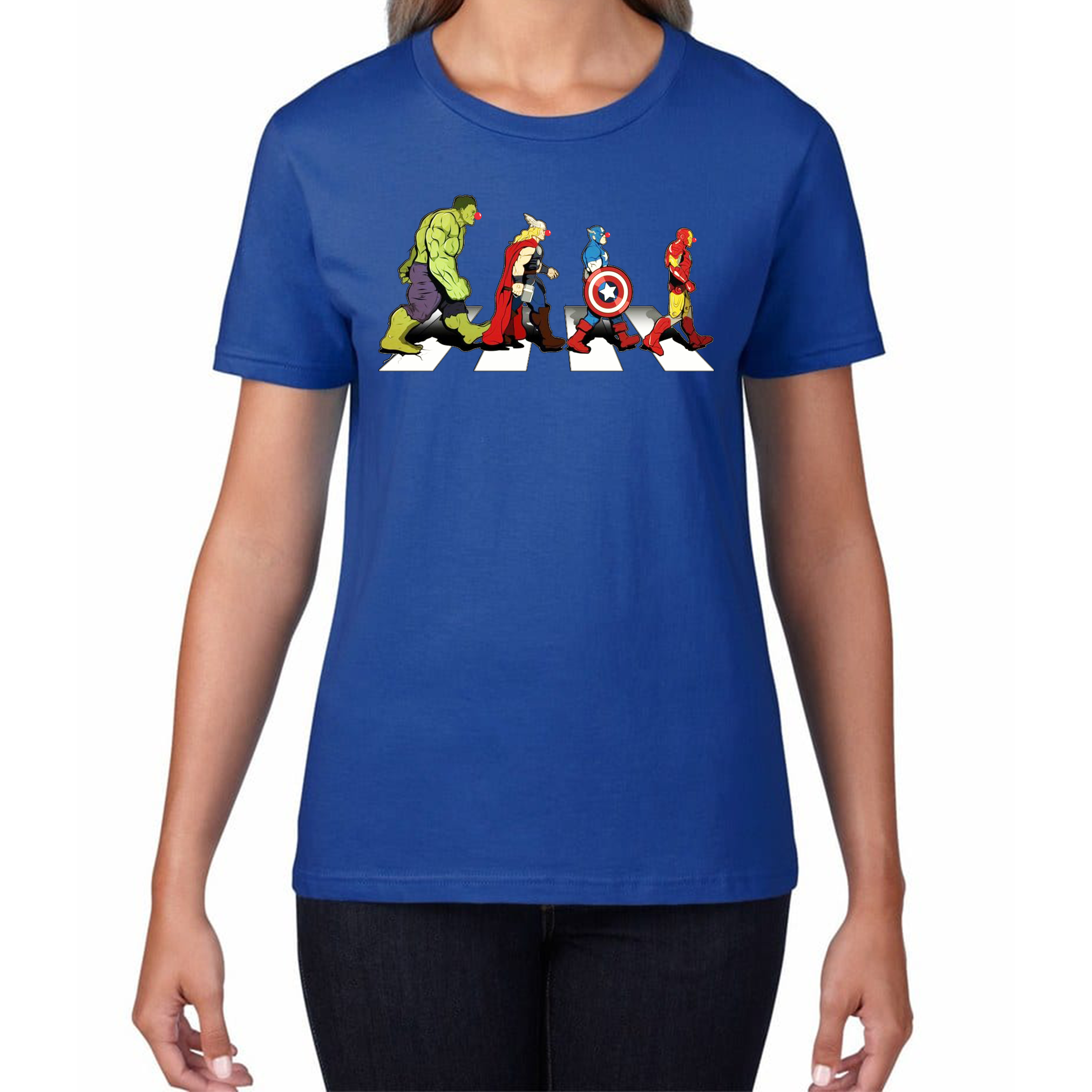 Hulk Thor Captain America Iron Man Marvel Avengers Abbey Road Red Nose Day Ladies T Shirt. 50% Goes To Charity