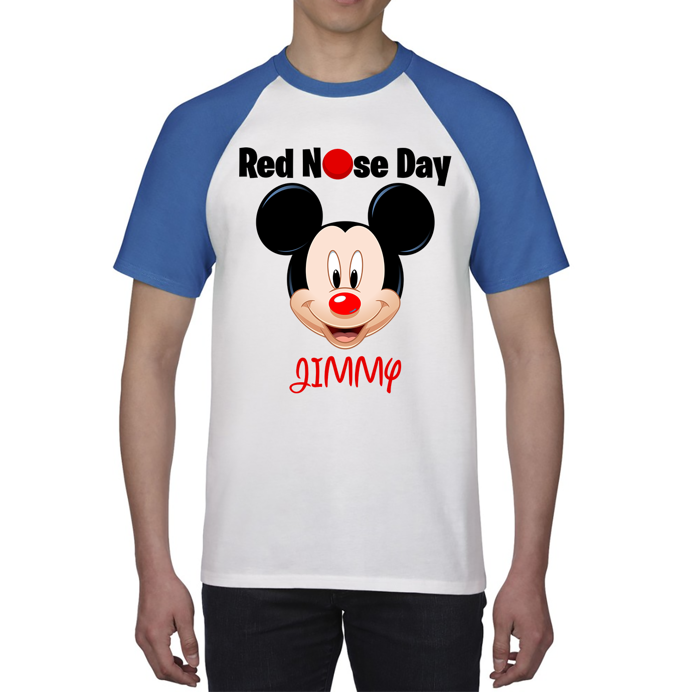 Personalised Mickey Mouse ( Name ) Red Nose Day Baseball T Shirt. 50% Goes To Charity