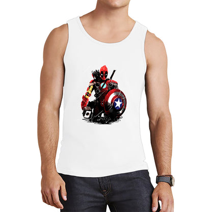 Deadpool With All Marvel Superhero Weapons Captain America, Spired-man, Iron Man, Deadpool, Thor, And Hawkeye Tank Top
