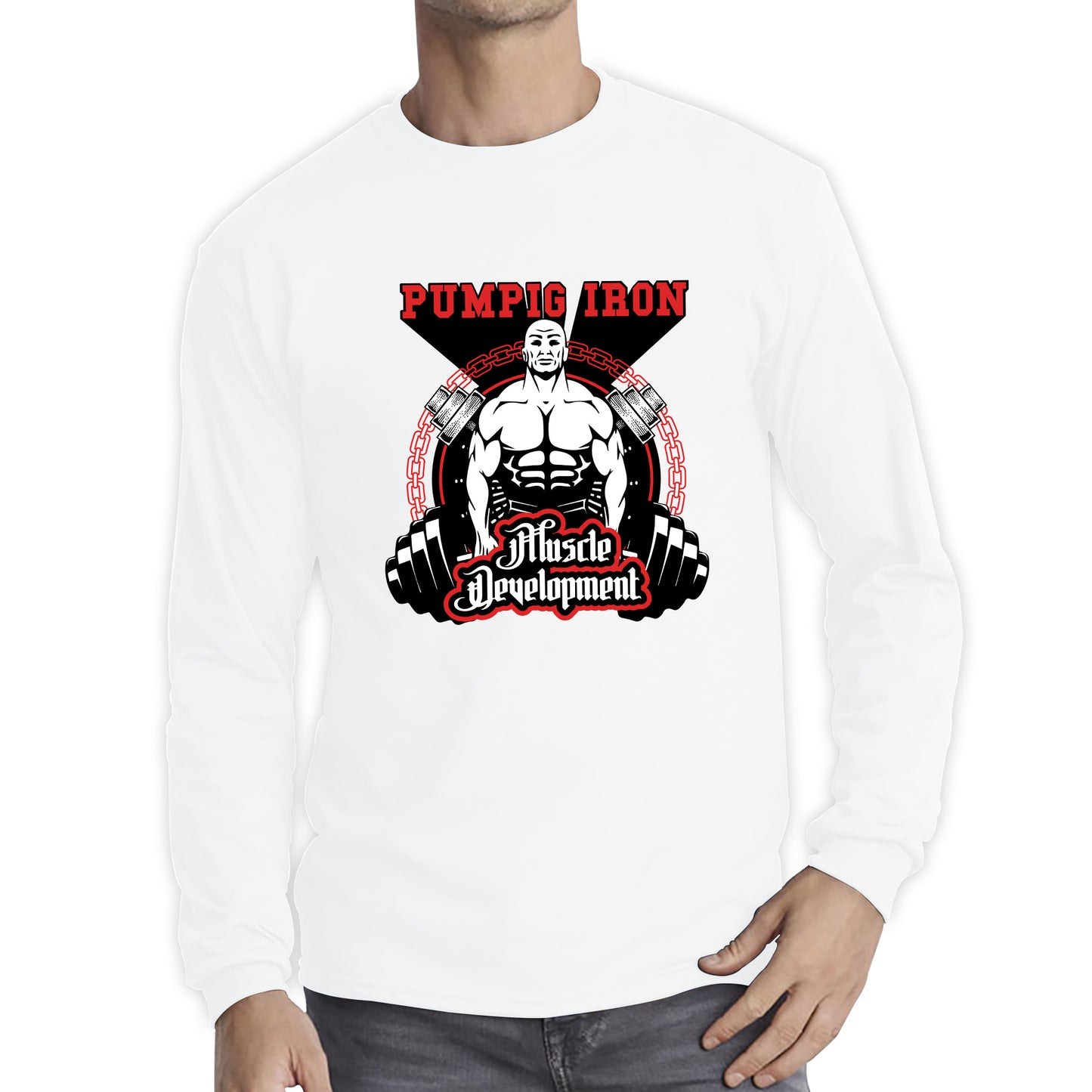 Pumping Iron Muscle Development Bodybuilding Dumbbells Gym Workout Muscle Body Flexing Long Sleeve T Shirt