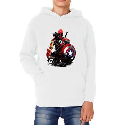 Deadpool With All Marvel Superhero Weapons Captain America, Spired-man, Iron Man, Deadpool, Thor, And Hawkeye Kids Hoodie