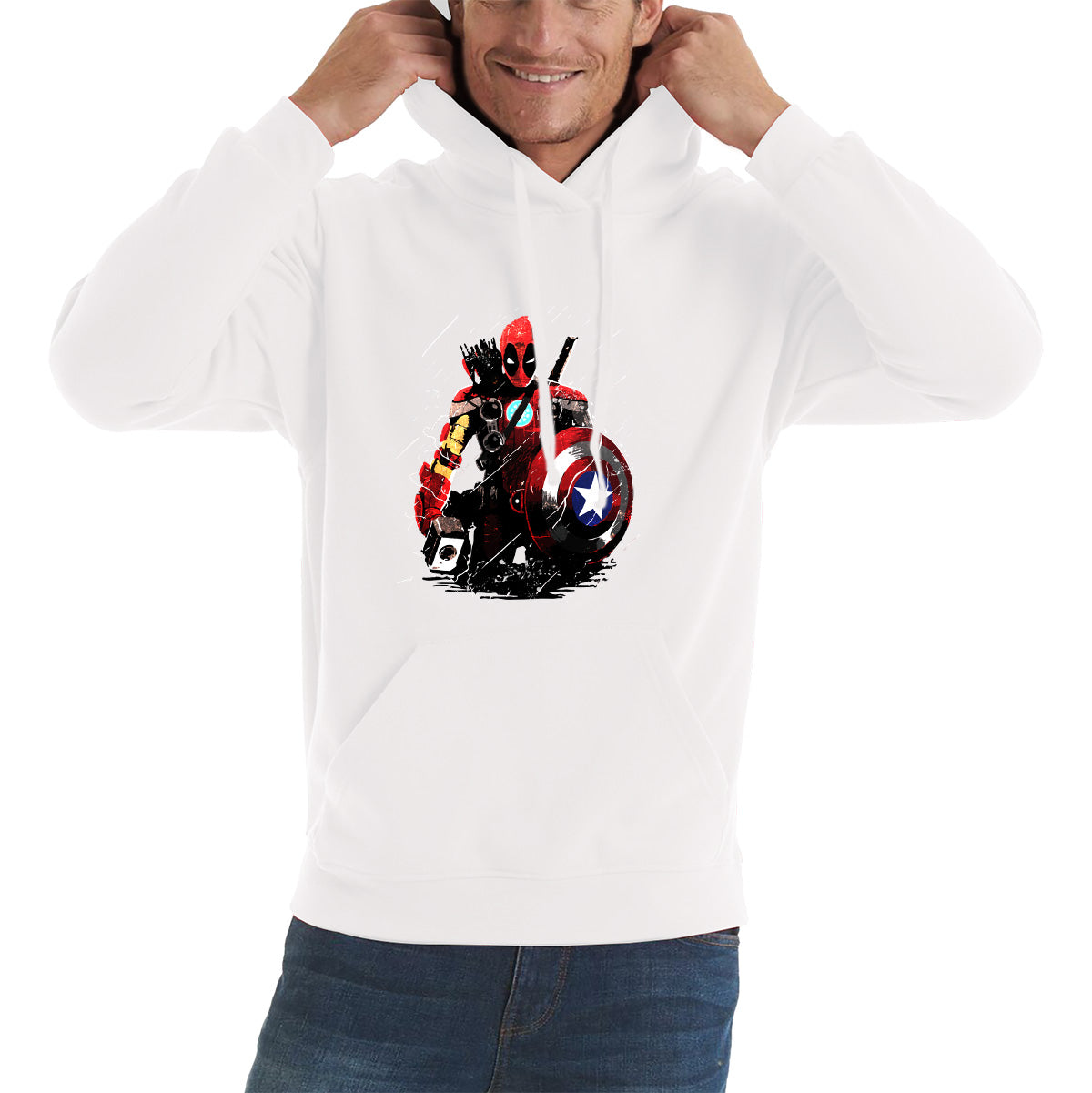 Deadpool With All Marvel Superhero Weapons Captain America, Spired-man, Iron Man, Deadpool, Thor, And Hawkeye Unisex Hoodie