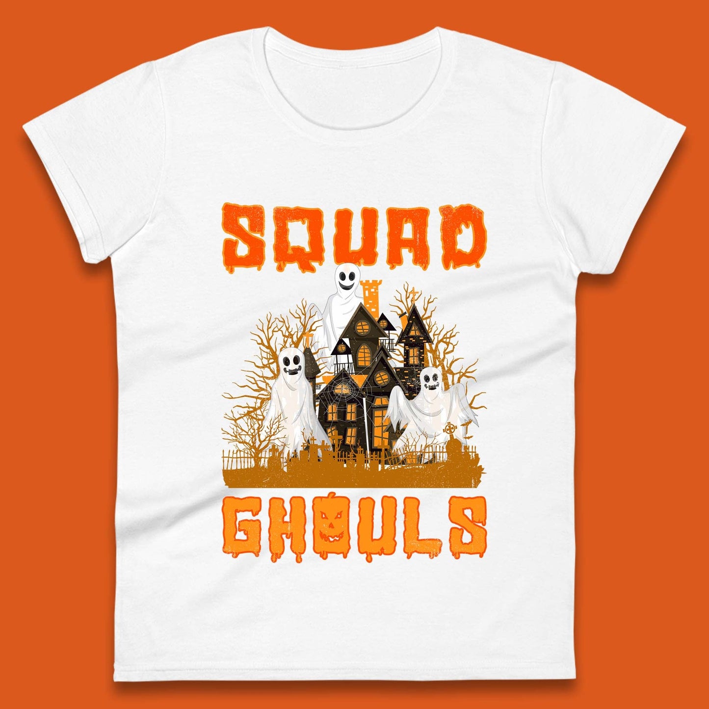 Squad Ghouls Halloween Boo Ghost Horror Scary Haunted House Womens Tee Top