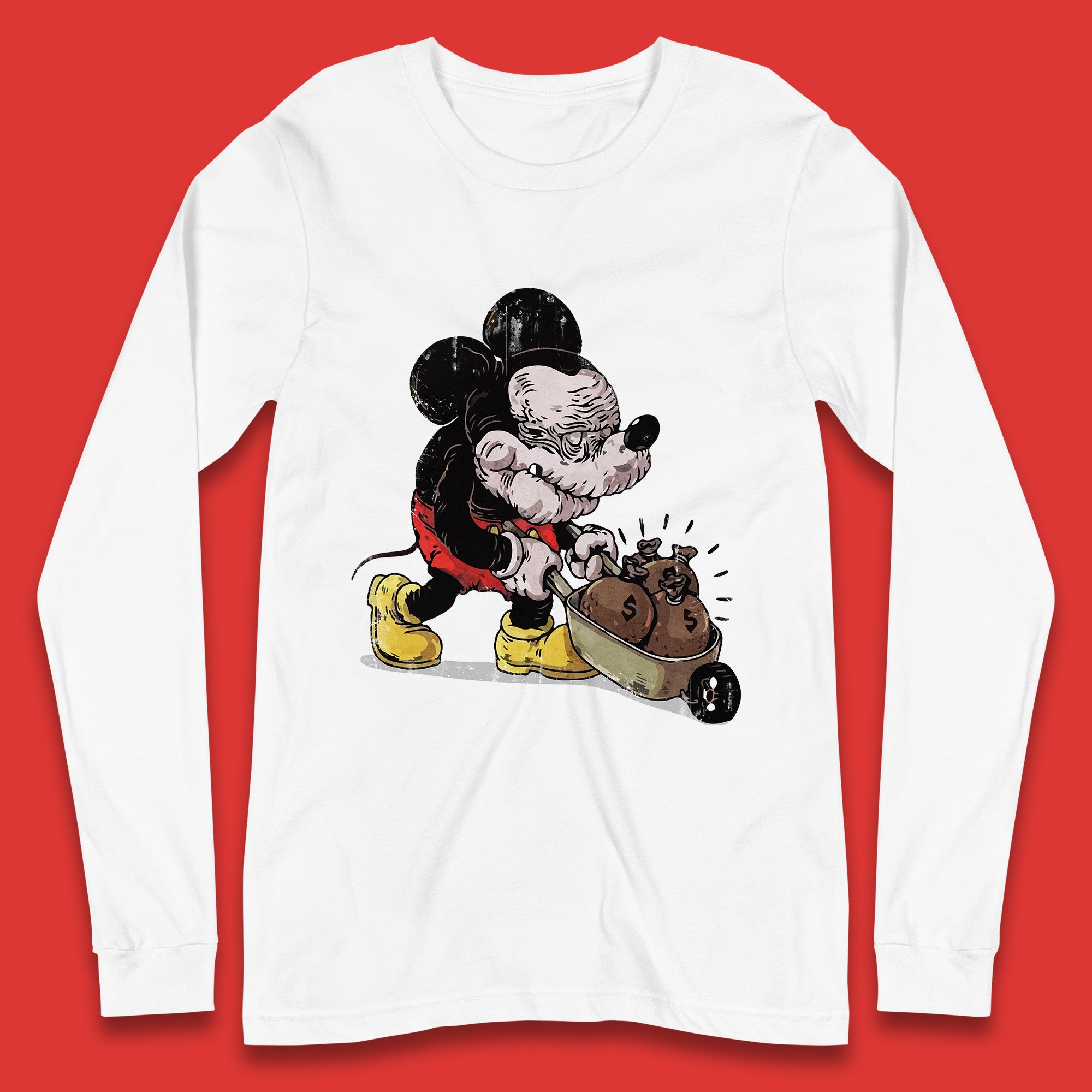 Disney Famous Oldies Mickey Mouse Pull Wheelbarrow Full Of Money Bags Cartoon Character Disney World Long Sleeve T Shirt