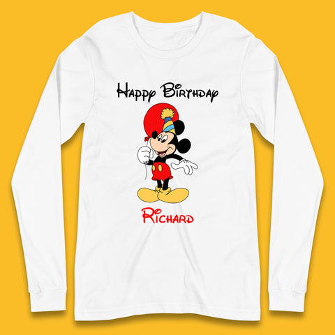 Personalised Happy Birthday Disney Mickey Mouse Your Name Cute Cartoon Character Disney Birthday Theme Party  Long Sleeve T Shirt