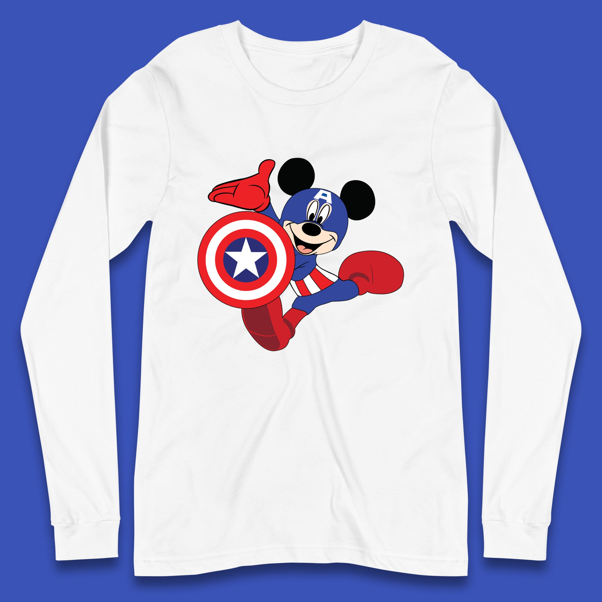 Mickey Mouse Wearing Captain America Costume Disney Marvel Avengers Superhero Disney World Marvel Disney Avengers Campus Long Sleeve T Shirt