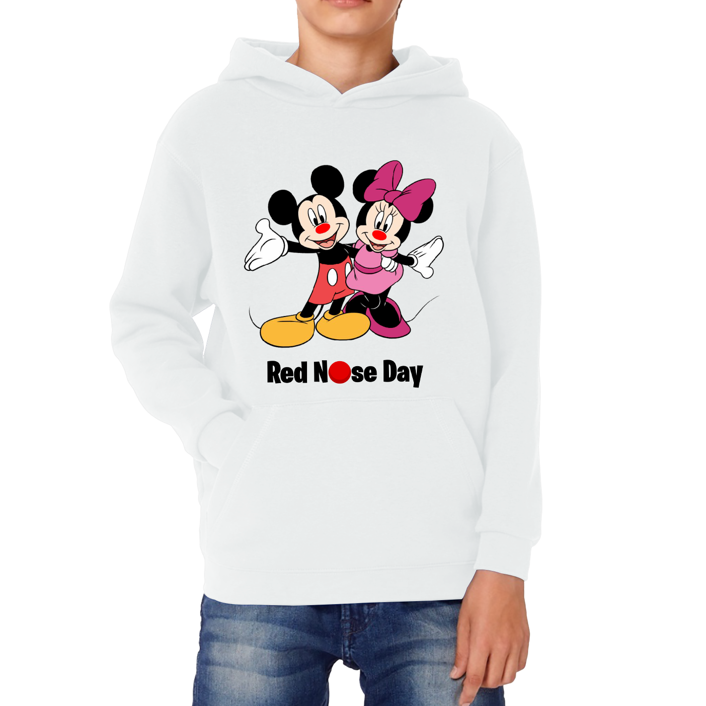 Mickey And Minnie Mouse Red Nose Day Kids Hoodie. 50% Goes To Charity
