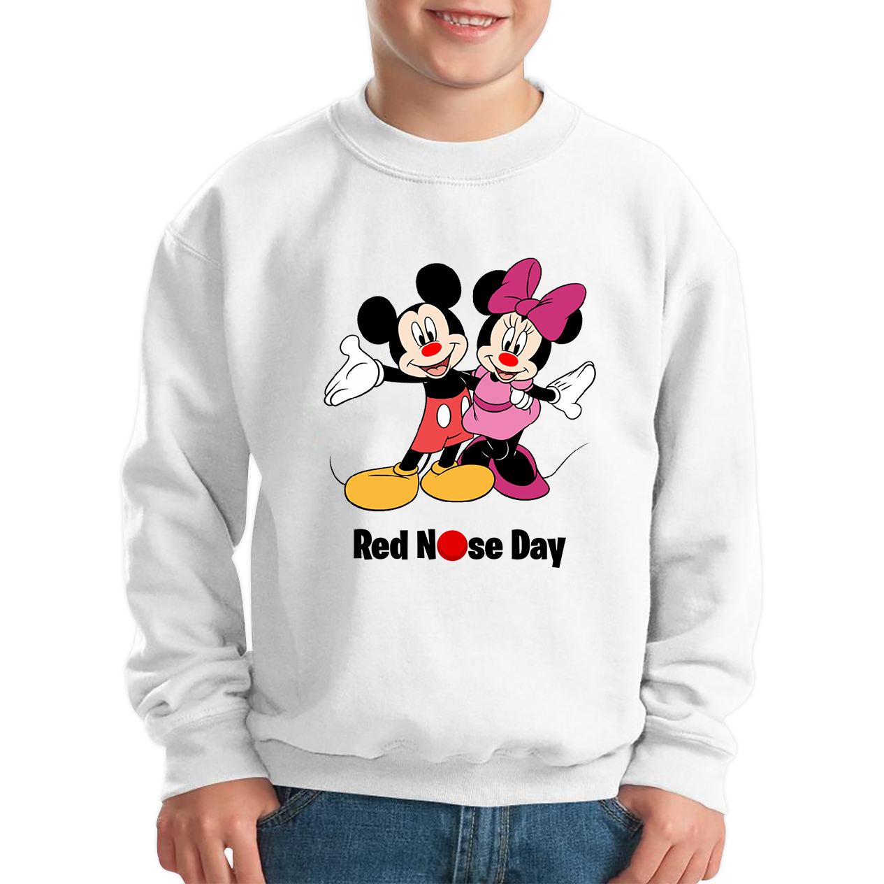 Mickey And Minnie Mouse Red Nose Day Kids Sweatshirt. 50% Goes To Charity