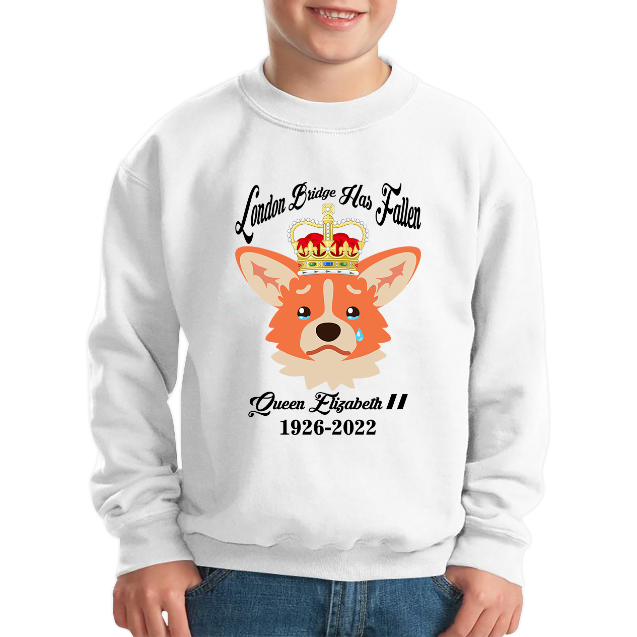 London Bridge Has Fallen Queen Elizabeth II Queen's Sad Corgi Dog Royal Highness Kids Jumper