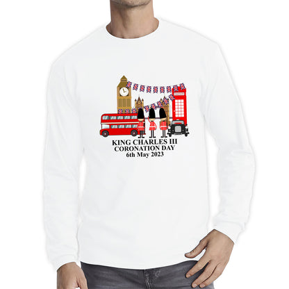 King Charles III Coronation Day 6th May 2023 Great Britain Big Ben Tower Telephone Booth And Red Bus London England Flag Long Sleeve T Shirt