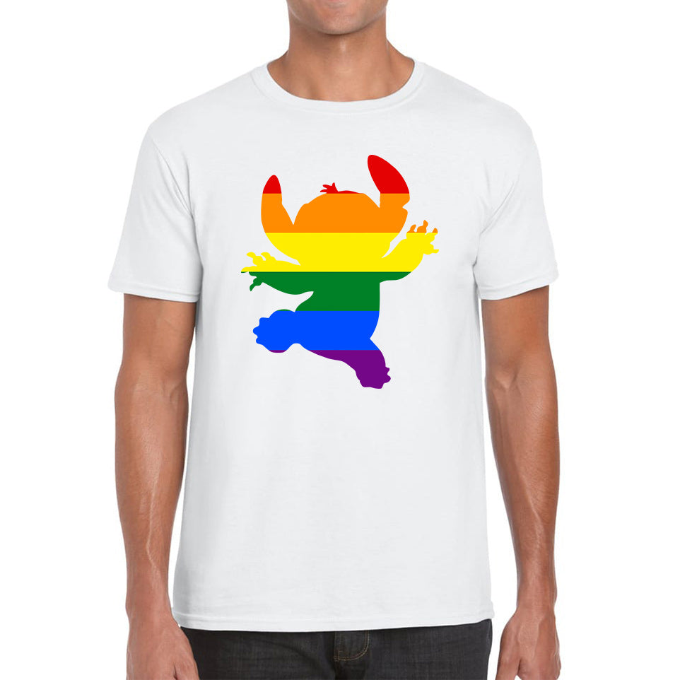 Disney Ohana Stitch Pride LGBT Lilo & Stitch Comedy Cartoon Pride Month LGBTQ+ Rainbow Colours Mens Tee Top