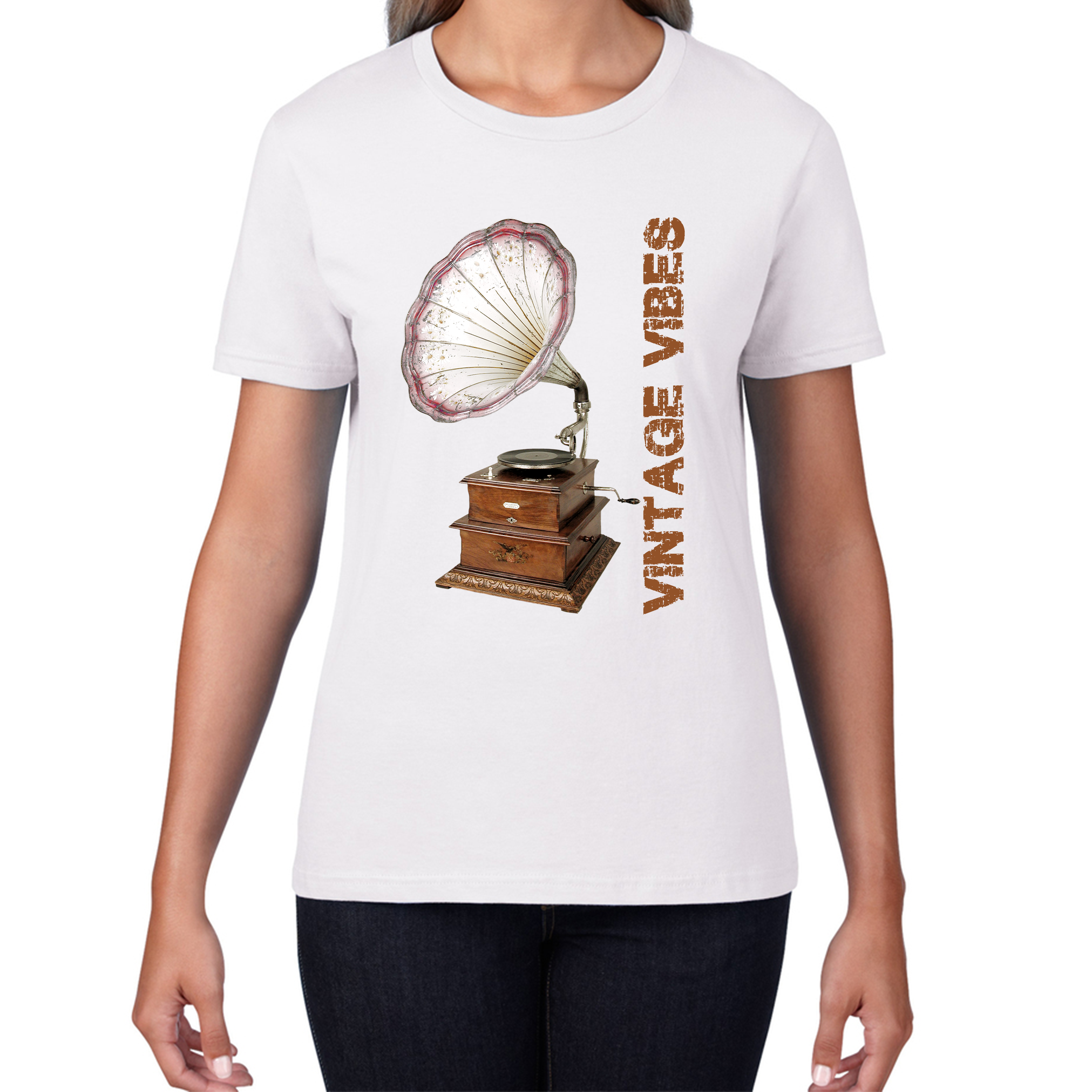 Gramophone Vintage Vibes Record Player Antique Trumpet Horn Turntable Phonograph Music Equipment Retro Womens Tee Top