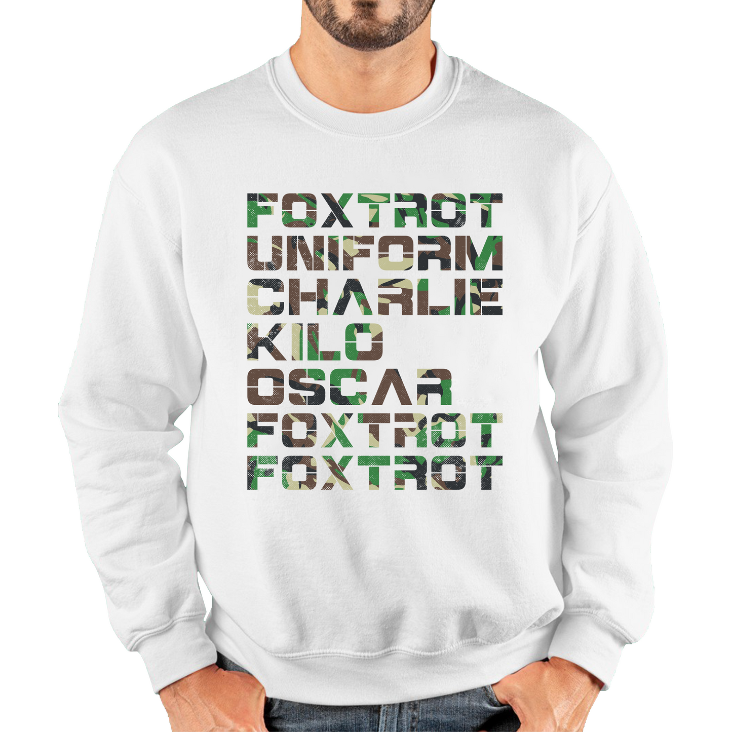 Foxtrot Uniform Charlie Kilo Oscar Foxtrot Camo Fitness Phonetic Alphabet Military Unisex Sweatshirt
