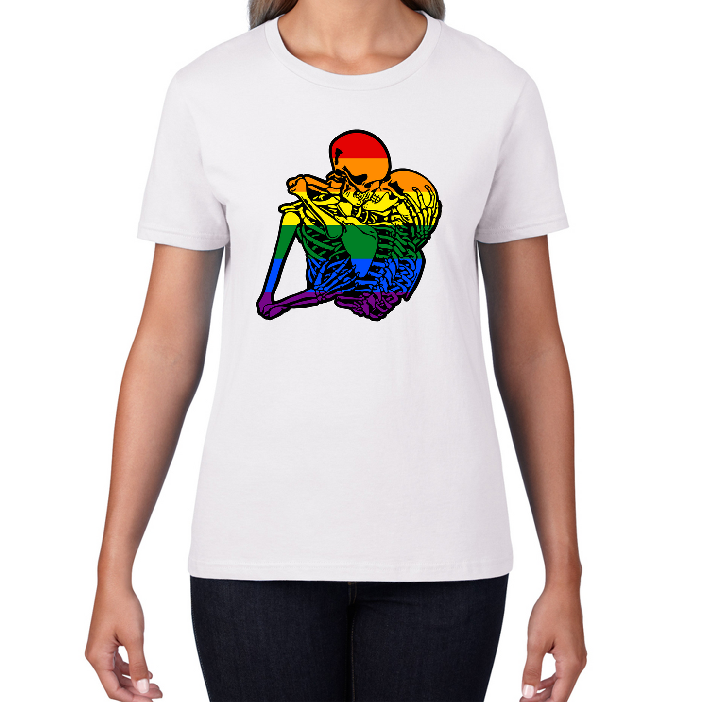 Kissing Skeletons Gay Pride LGBT Gay Skull Halloween LGBTQ+ Rainbow Pride Month Womens Tee Top