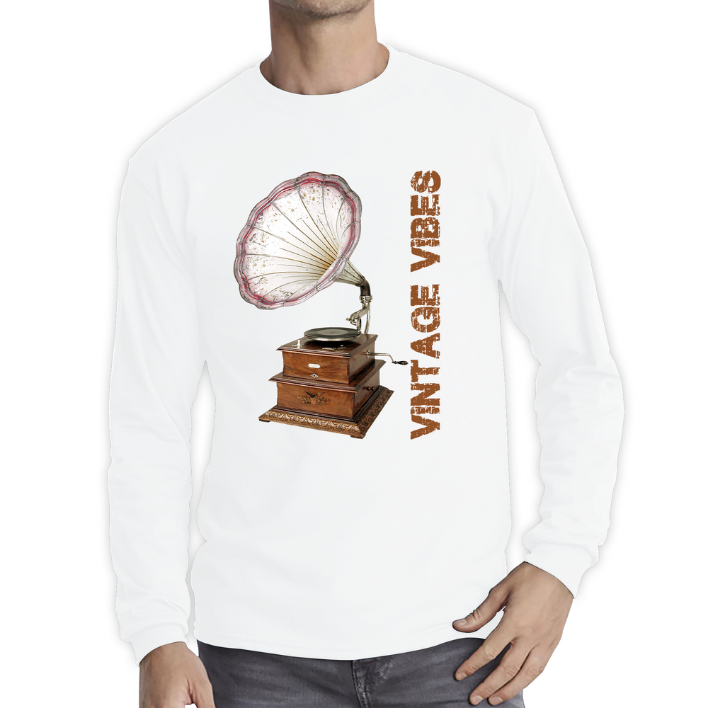 Gramophone Vintage Vibes Record Player Antique Trumpet Horn Turntable Phonograph Music Equipment Retro Long Sleeve T Shirt