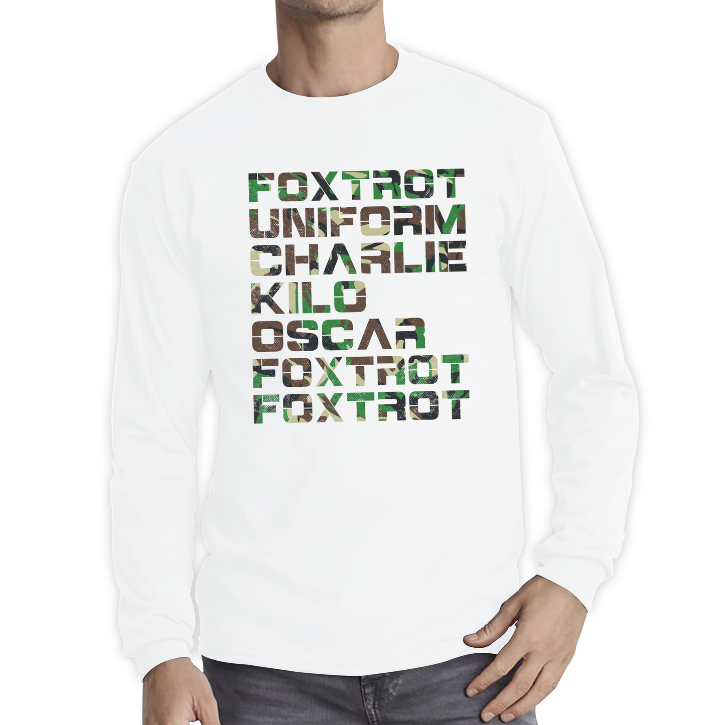 Foxtrot Uniform Charlie Kilo Oscar Foxtrot Camo Fitness Phonetic Alphabet Military Long Sleeve T Shirt