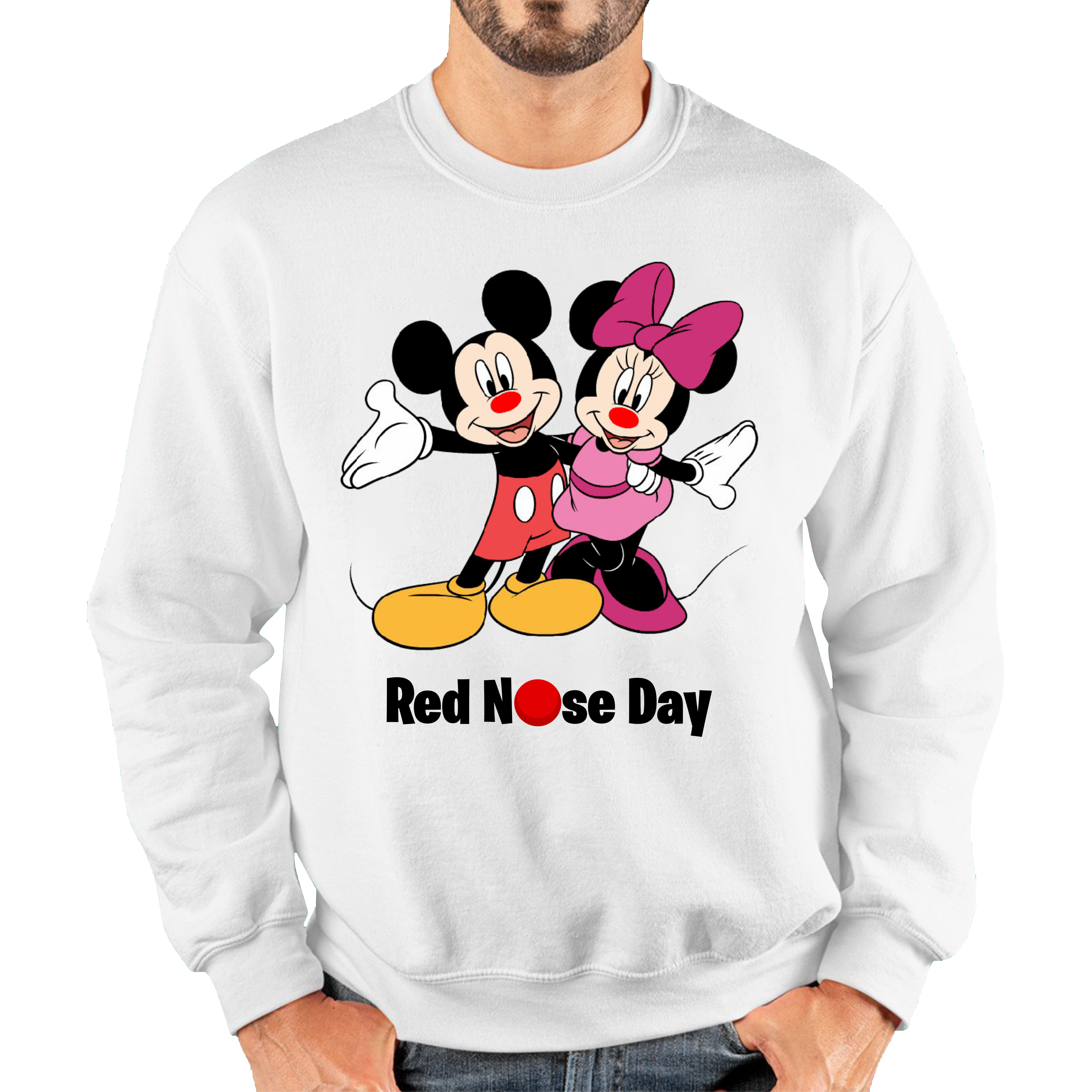 Mickey And Minnie Mouse Red Nose Day Adult Sweatshirt. 50% Goes To Charity