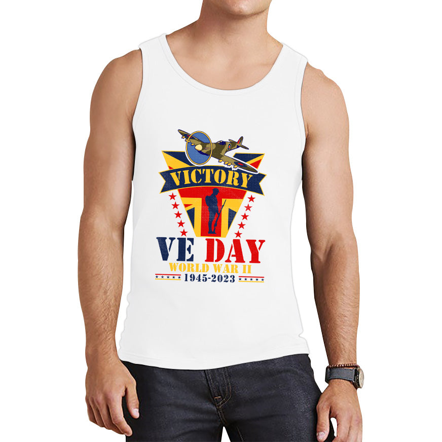 VE Day Victory In Europe  End Of World War II 1945-2023 Anniversary Remembrance Day Soldier Spitfire British Fighter Aircraft UK Flag Tank Top