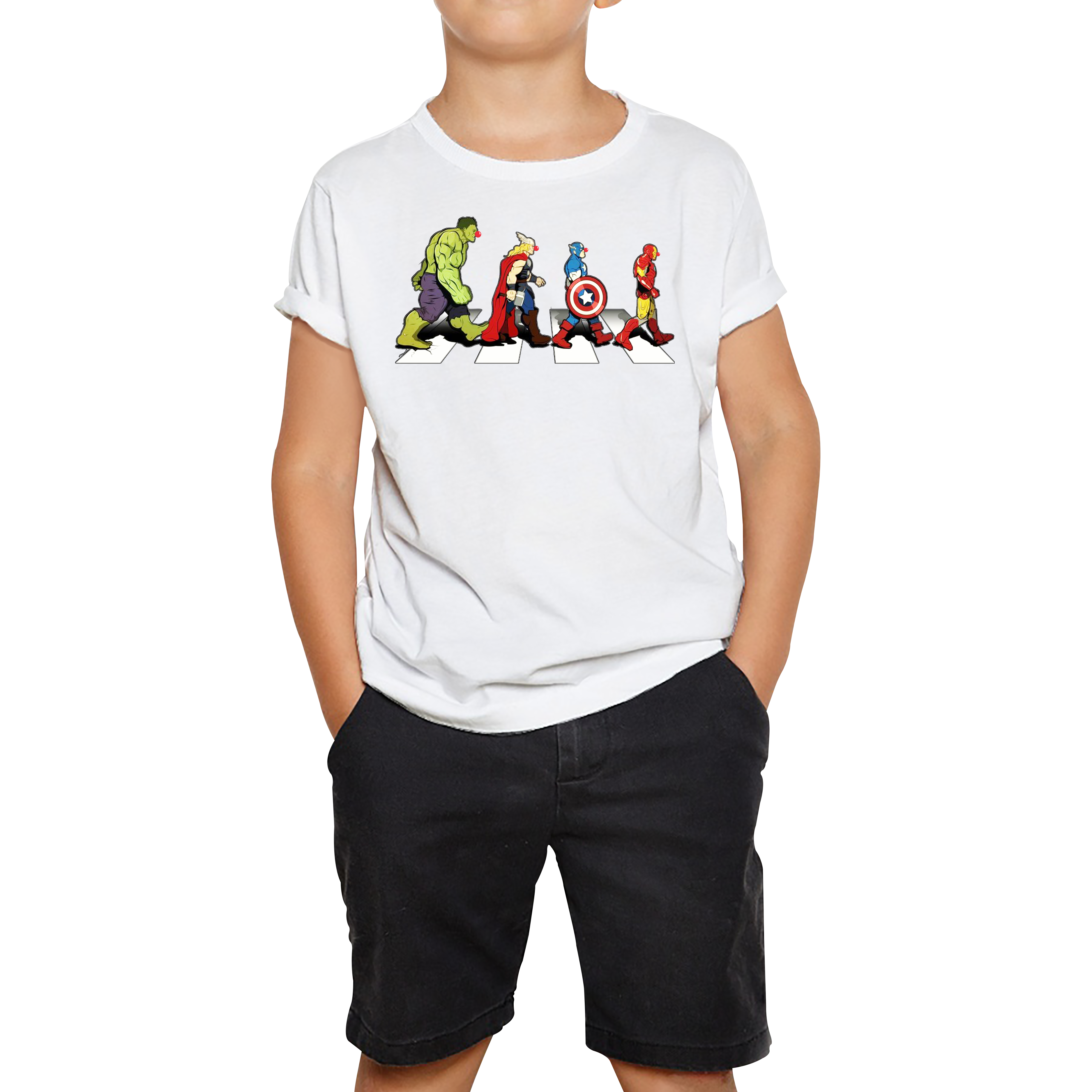 Hulk Thor Captain America Iron Man Marvel Avengers Abbey Road Red Nose Day Kids T Shirt. 50% Goes To Charity