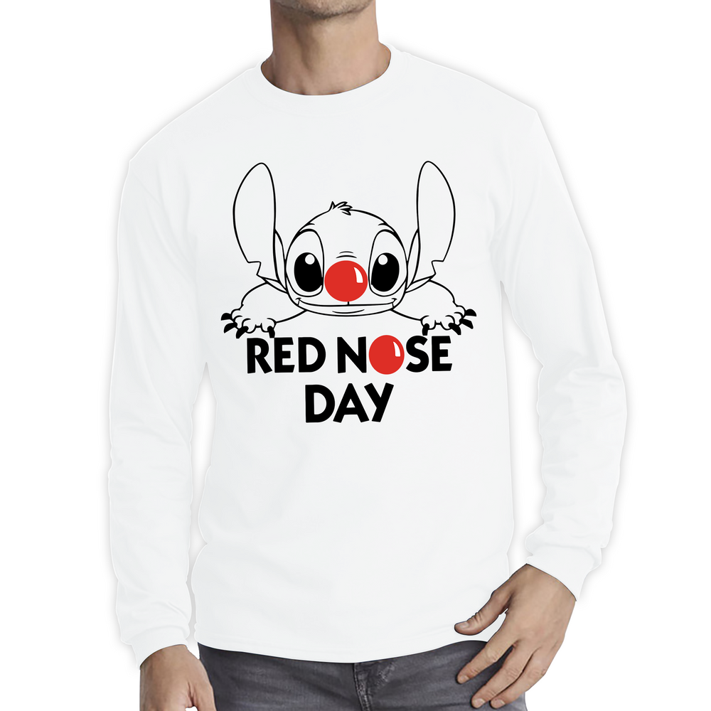 Red Nose Day Funny Ohana Disney Stitch Adult Long Sleeve T Shirt. 50% Goes To Charity