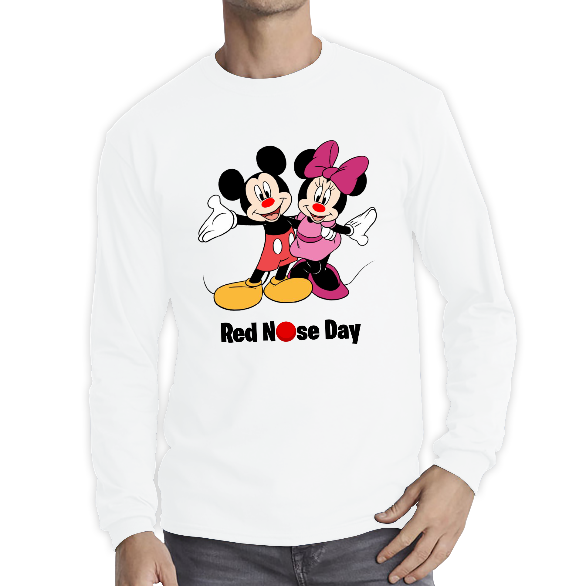 Mickey And Minnie Mouse Red Nose Day Adult Long Sleeve T Shirt. 50% Goes To Charity