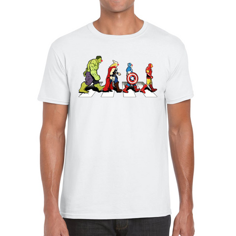 Hulk Thor Captain America Iron Man Marvel Avengers Abbey Road Red Nose Day Adult T Shirt. 50% Goes To Charity