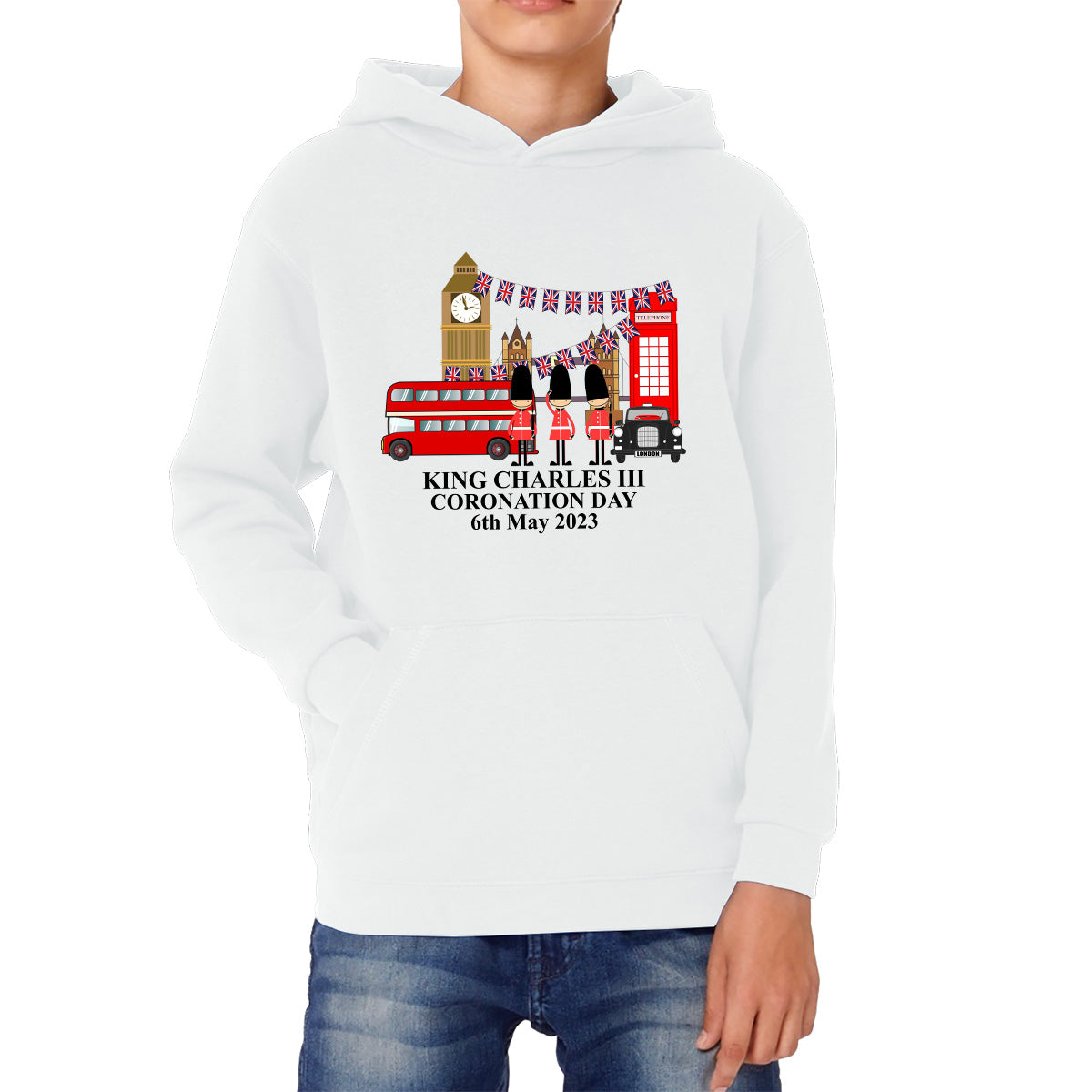 King Charles III Coronation Day 6th May 2023 Great Britain Big Ben Tower Telephone Booth And Red Bus London England Flag Kids Hoodie