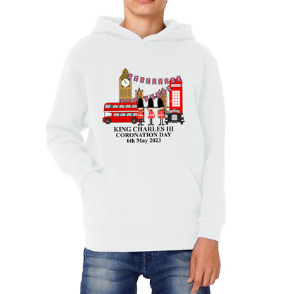 King Charles III Coronation Day 6th May 2023 Great Britain Big Ben Tower Telephone Booth And Red Bus London England Flag Kids Hoodie