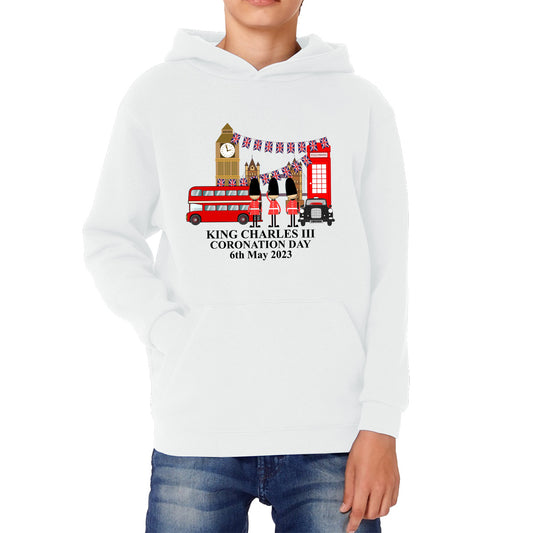 King Charles III Coronation Day 6th May 2023 Great Britain Big Ben Tower Telephone Booth And Red Bus London England Flag Kids Hoodie