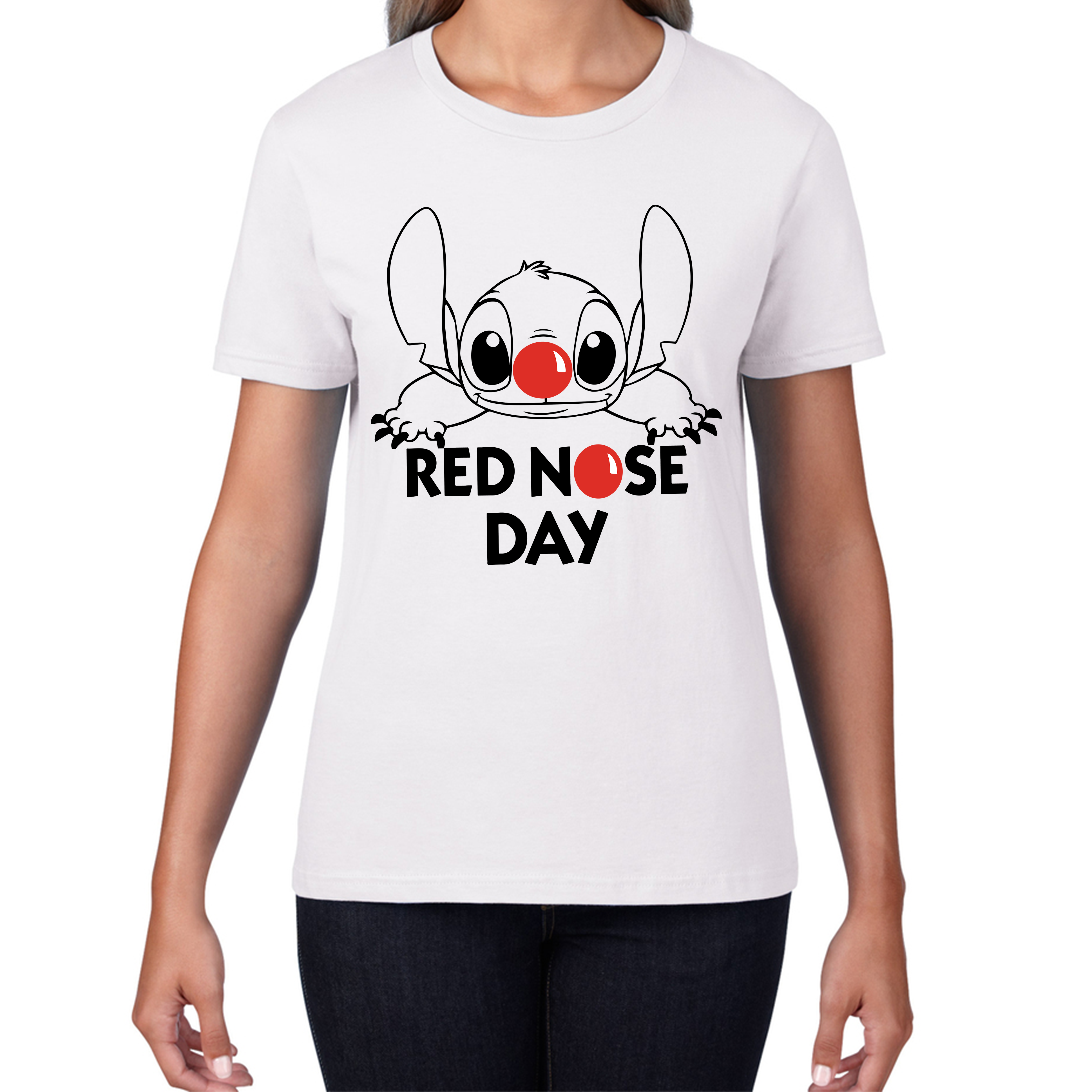 Red Nose Day Funny Ohana Disney Stitch Ladies T Shirt. 50% Goes To Charity