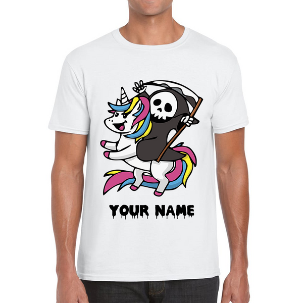 Personalised Cute Death Riding A Kawaii Unicorn Your Name Mens Tee Top