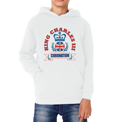 King Charles III 2023 Coronation God Save The King Royal Crown CR III His Majesty Union Jack Uk Flag Kids Hoodie