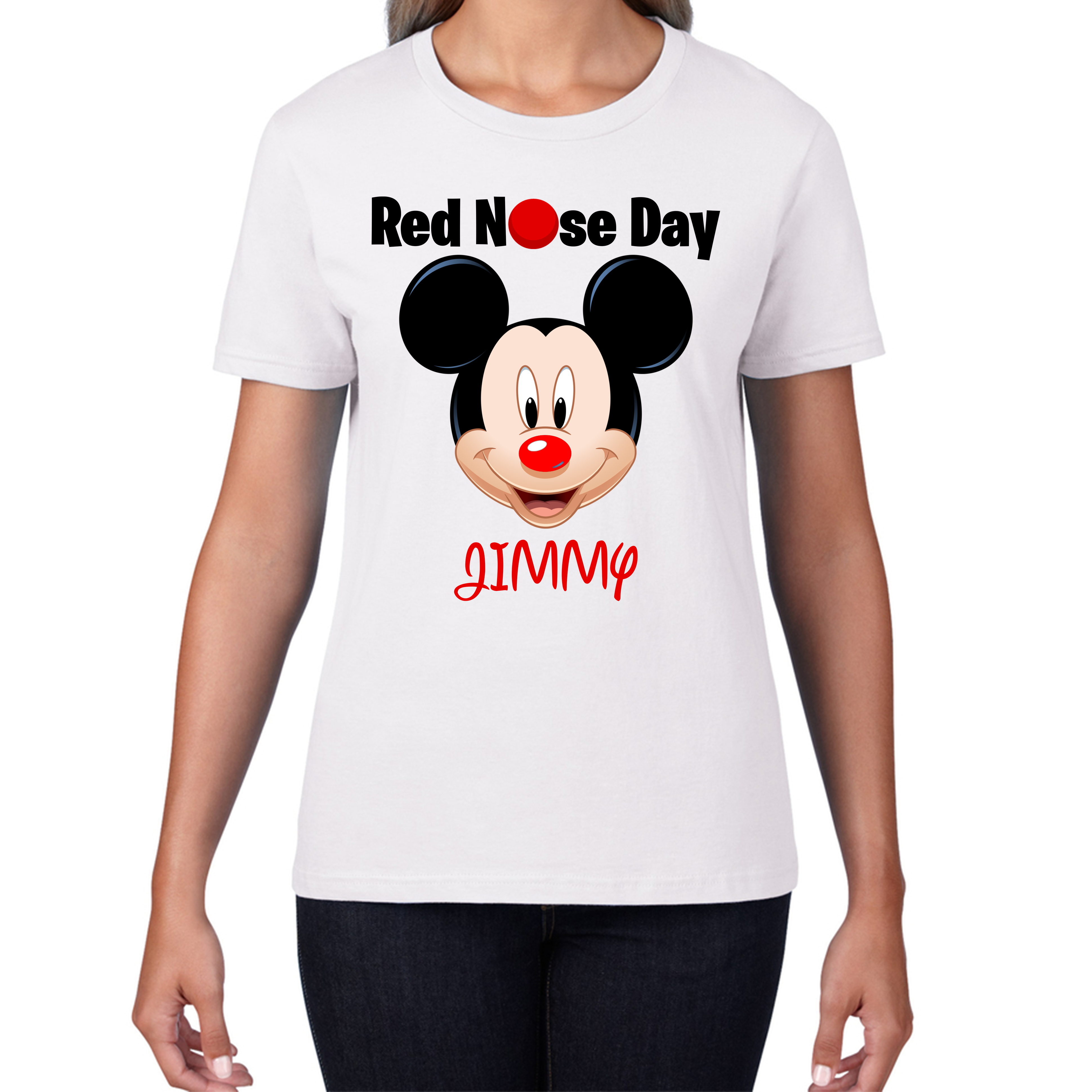 Personalised Mickey Mouse ( Name ) Red Nose Day Ladies T Shirt. 50% Goes To Charity