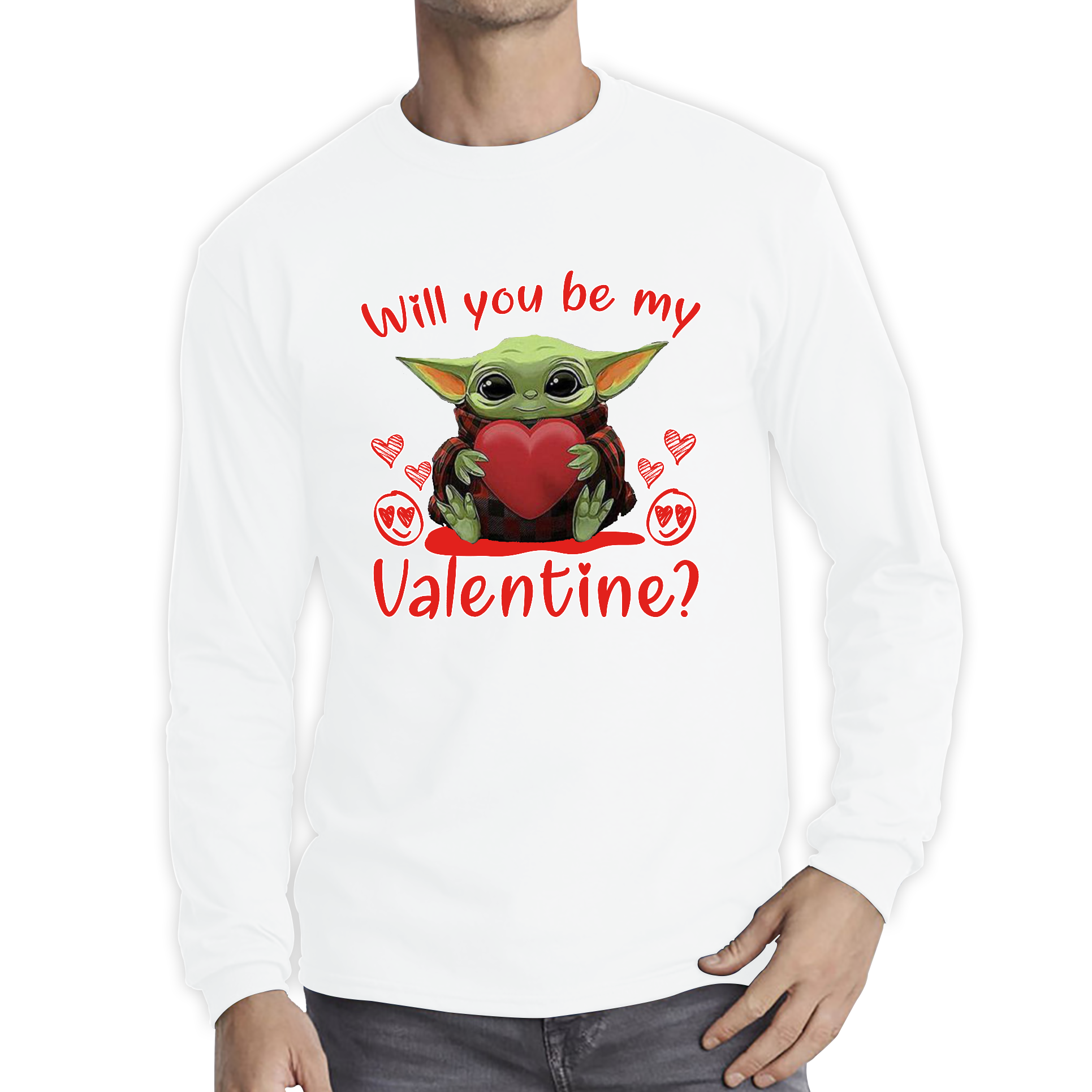Baby Yoda Long Sleeve Tee Top Will You Be My Valentine Adult Long Sleeve T Shirt