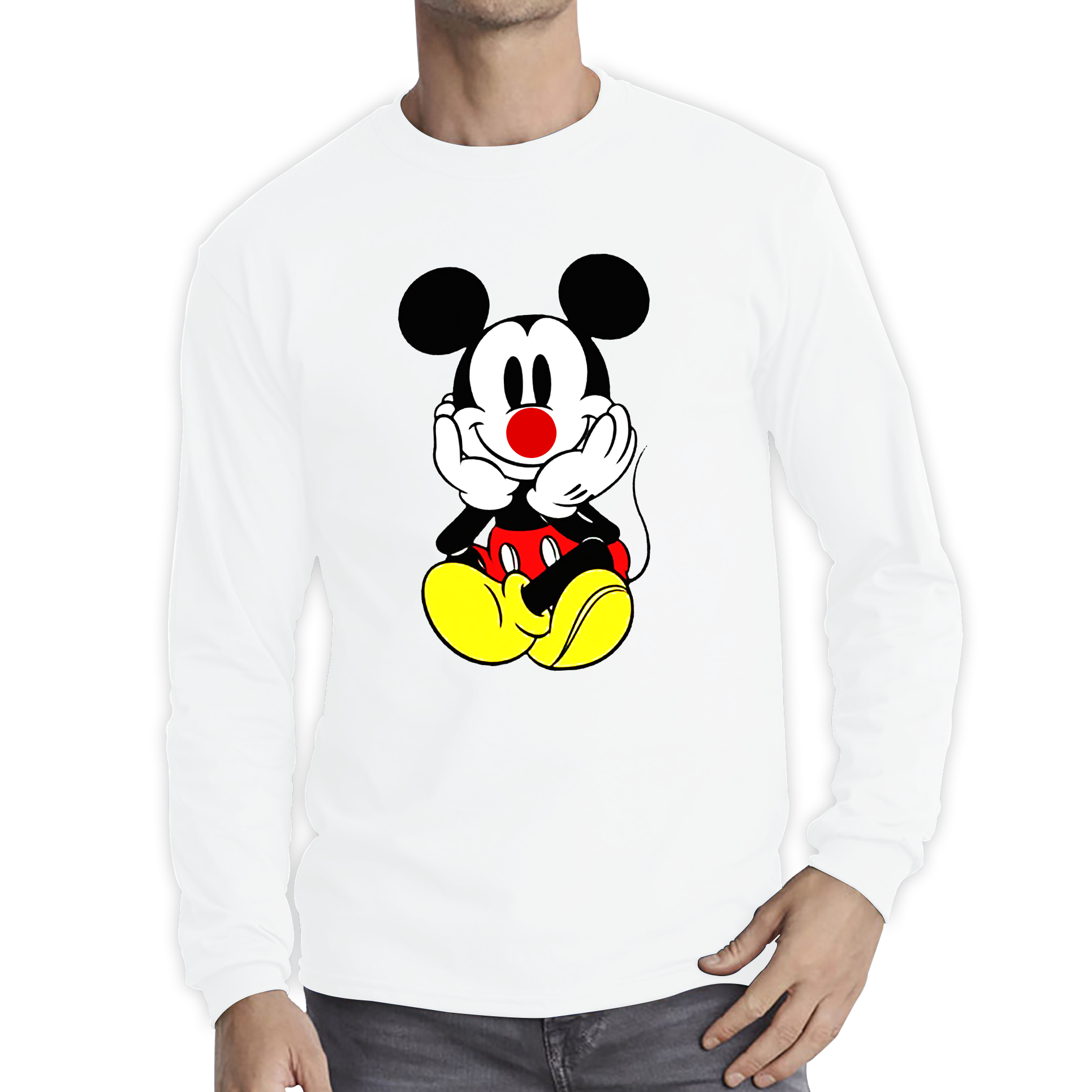 Mickey Mouse Red Nose Day Adult Long Sleeve T Shirt. 50% Goes To Charity