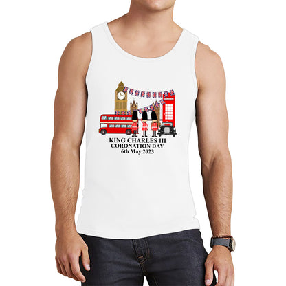 King Charles III Coronation Day 6th May 2023 Great Britain Big Ben Tower Telephone Booth And Red Bus London England Flag Tank Top
