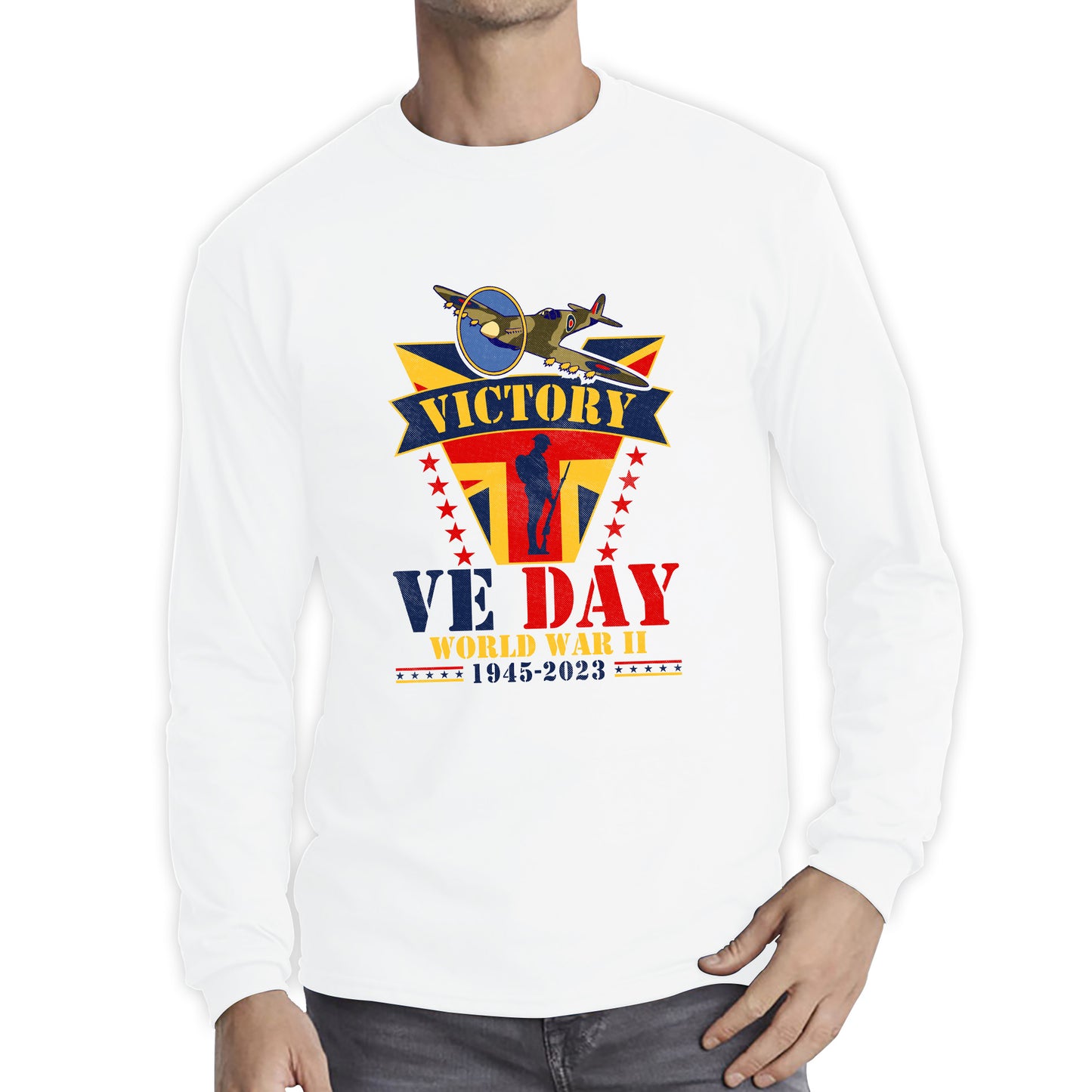 VE Day Victory In Europe  End Of World War II 1945-2023 Anniversary Remembrance Day Soldier Spitfire British Fighter Aircraft UK Flag Long Sleeve T Shirt