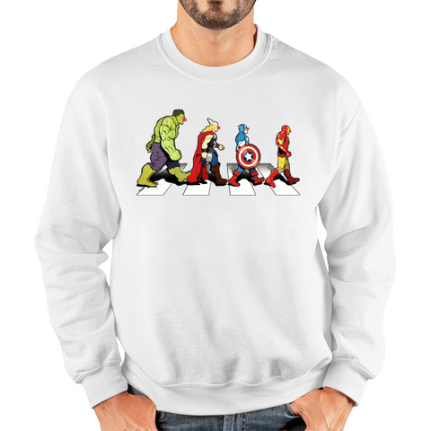 Hulk Thor Captain America Iron Man Marvel Avengers Abbey Road Red Nose Day Adult Sweatshirt. 50% Goes To Charity