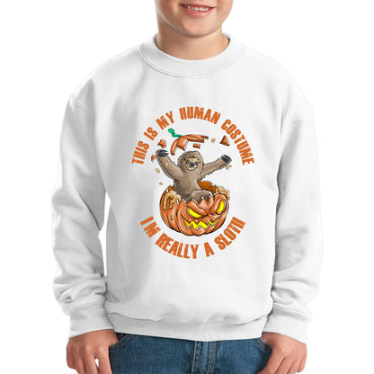 This Is My Human Costume I'm Really A Sloth Halloween Pumpkin Horror And Scary Pumpkin Face Kids Jumper