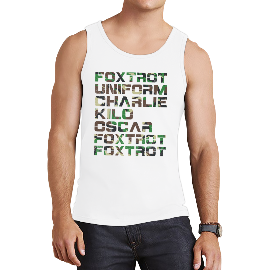 Foxtrot Uniform Charlie Kilo Oscar Foxtrot Camo Fitness Phonetic Alphabet Military Tank Top