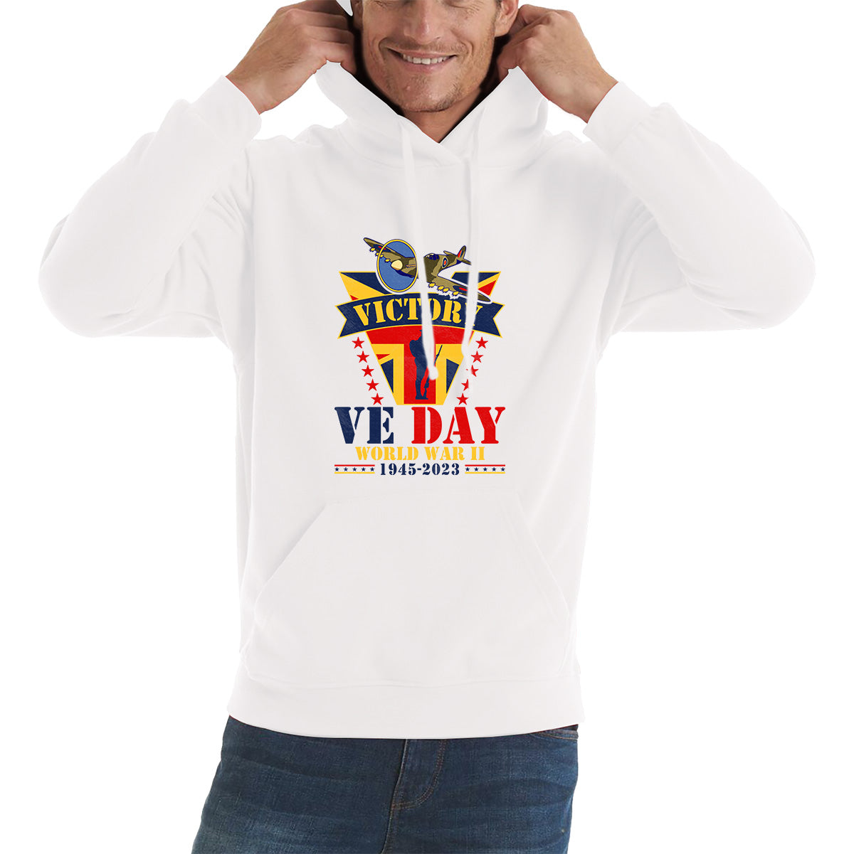 VE Day Victory In Europe  End Of World War II 1945-2023 Anniversary Remembrance Day Soldier Spitfire British Fighter Aircraft UK Flag Unisex Hoodie