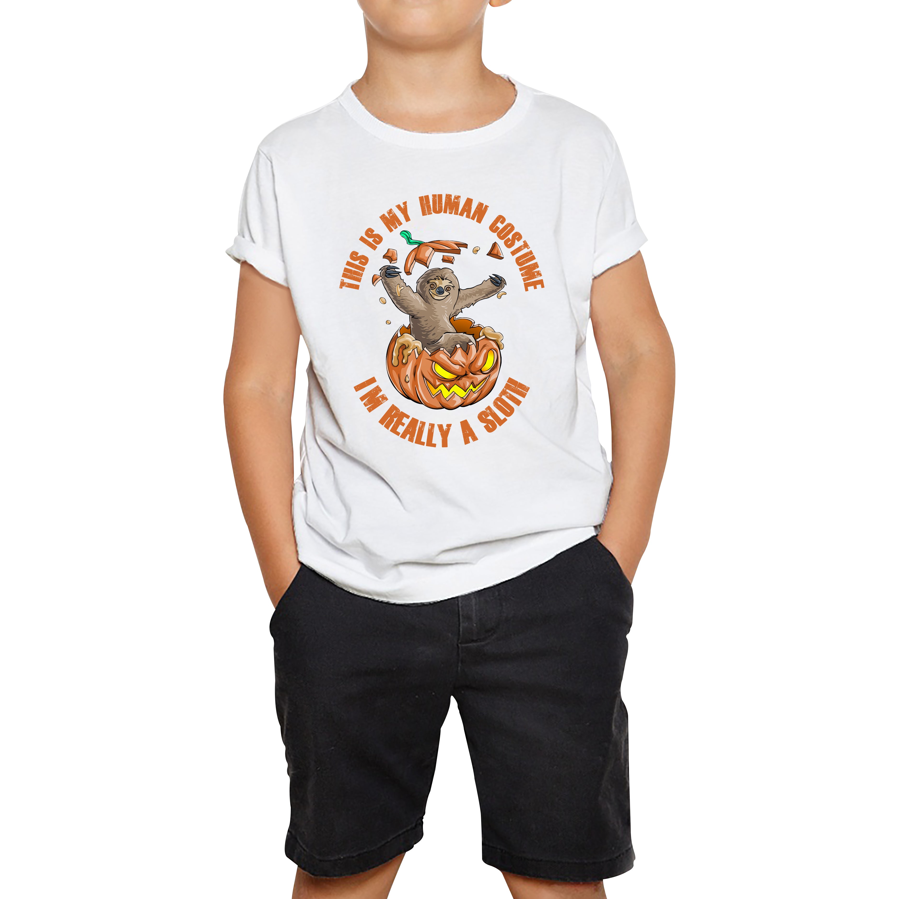 This Is My Human Costume I'm Really A Sloth Halloween Pumpkin Horror And Scary Pumpkin Face Kids Tee
